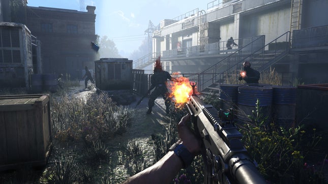 A first-person perspective shows a rifle being fired, with blood spurting from the character being shot.